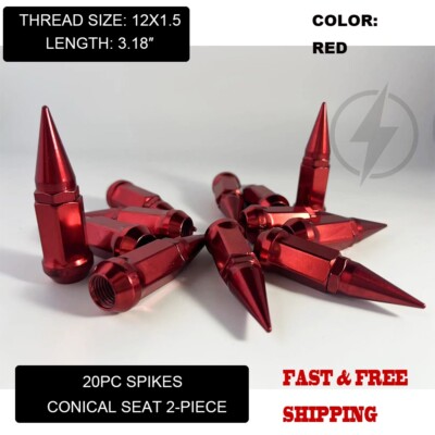 20 Red 3.18'' Spike Lug Nuts M12x1.5 For Aftermarket Wheels 60° Conical Seat