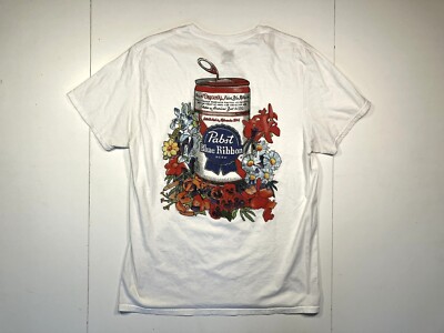 PABST BLUE RIBBON PBR White FLORAL HAWAIIAN BEER T-SHIRT Party Can Gym Adult L