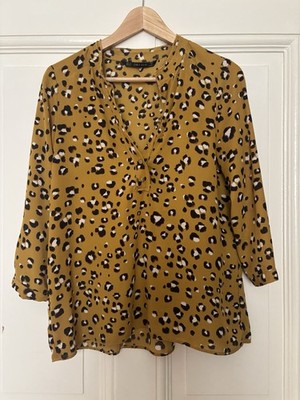 ZARA BASIC Bluse Leopard gelb schwarz, Größe M, V-Ausschnitt, 3/4 Ärmel, Knöpfe