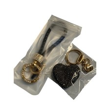 Boutique Car Keychain Set Black Gold Rhinestone Heart Braided Leather Bling 2pc
