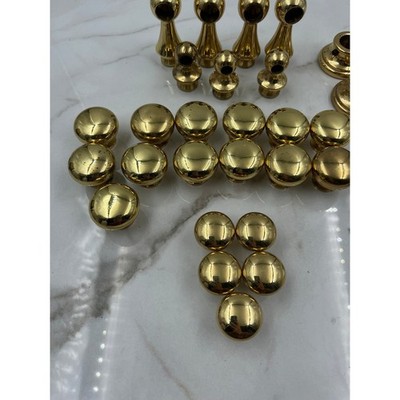 Vintage Polished Brass Hardware Lot Cabinet Knobs Finials Rod Brackets 30pc Set