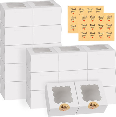 24Pcs White Cookie Boxes 4x4x2.5in Bakery Window Mini Cake Treat Dessert with St