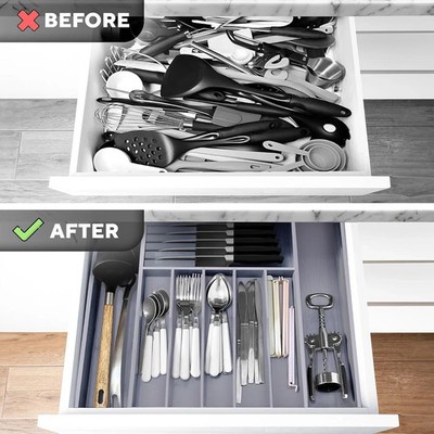 Premium Expandable Kitchen Drawer Organizer - 100% Bamboo Organizer Tray -