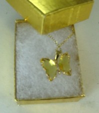 Steel 18K Gold Plated CRYSTAL NECKLACE PENDANT BUTTERFLY yellow boxed 0.7x0.7"