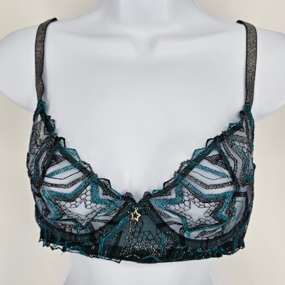 Savage X Fenty Sz 34D Shining Star Teal Silver Unlined Demi Bra Embroidered NEW