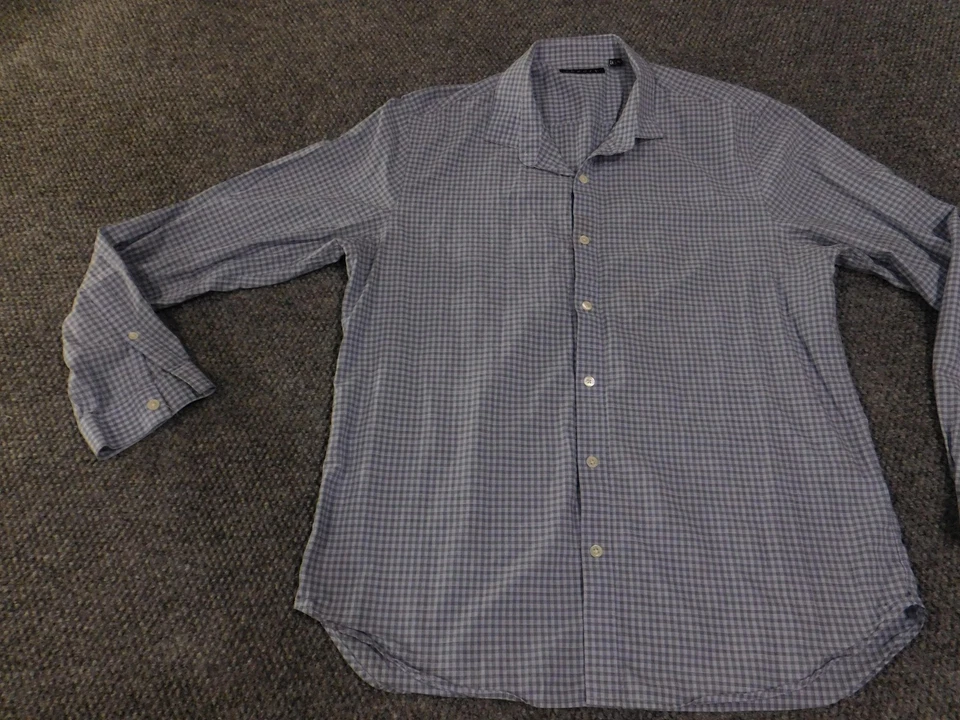 Camisa Theory Para Hombre XL Azul Gris Cuadros Guinga Abotonada Manga Larga Algodón Foto 3 de 4