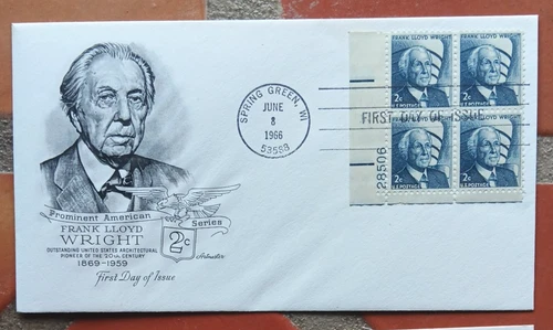 ARCHITECT FRANK LLOYD WRIGHT PORTRAIT 1966 ARTMASTER CACHET PLATE#BLOCK FDC UNAD
