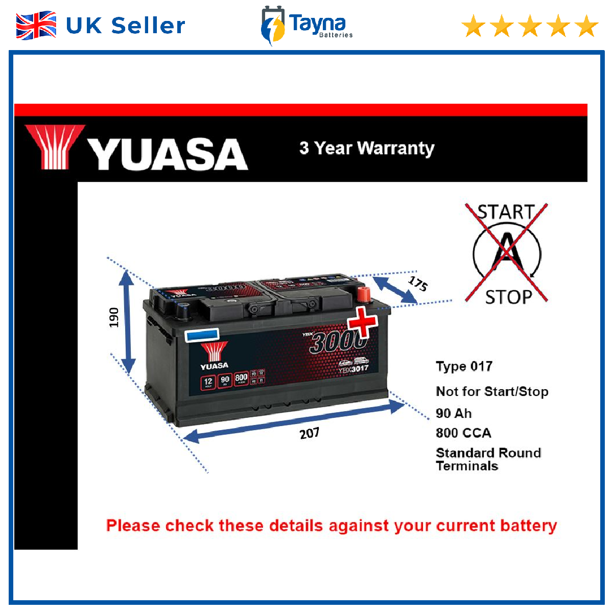 Battery fits FIAT DUCATO TALENTO CAMPAGNOLA 242 Yuasa 017 800A 90Ah New