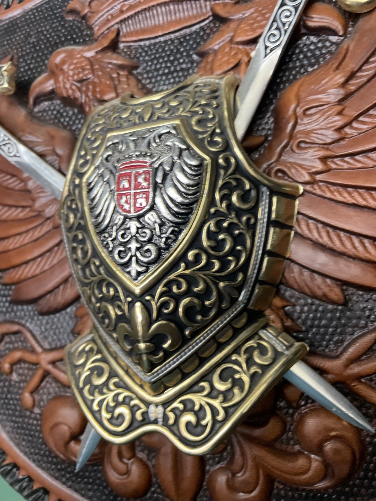 Vintage Armor And Swords Shield Coat Of Arms On Leather Scroll W/ Eagle - Spain