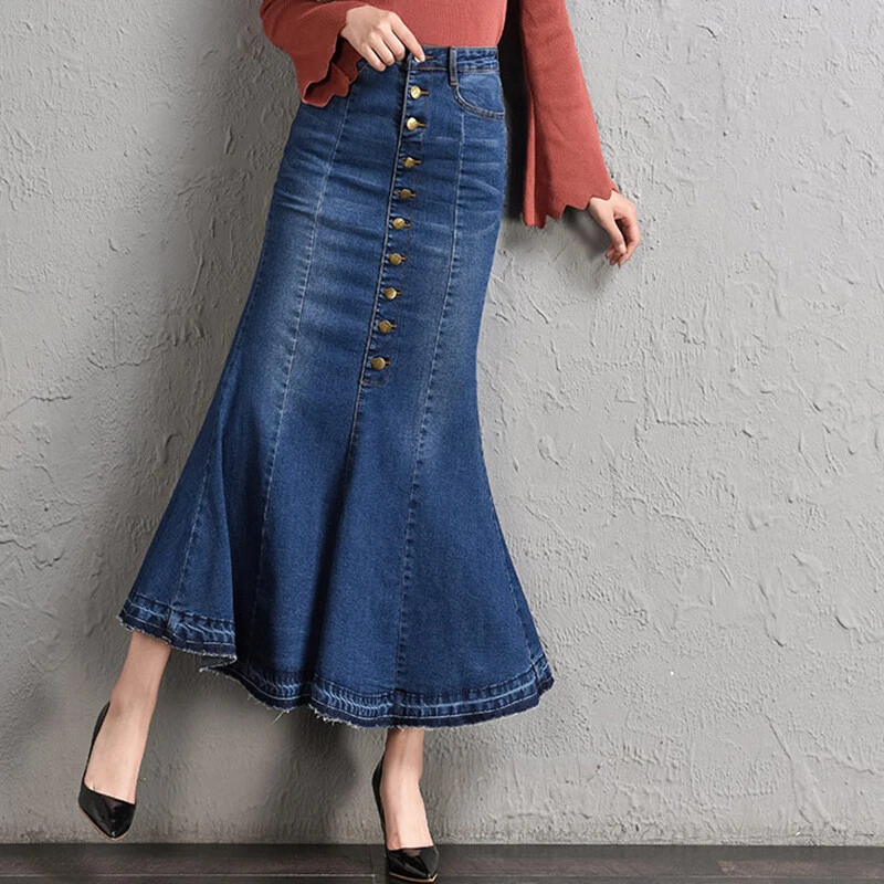 Alexander Graham Bell estropeado Mentor High Waisted Stretch Denim Maxi Long Skirts Button Front Flare Fishtail Hem  Sexy | eBay