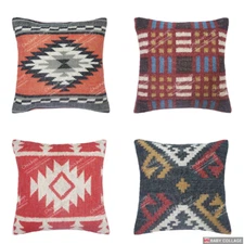 1 Pcs of Handmade Wool Jute Kilim Pillow Cover 18"x18" Décor Throw Cushion Cover