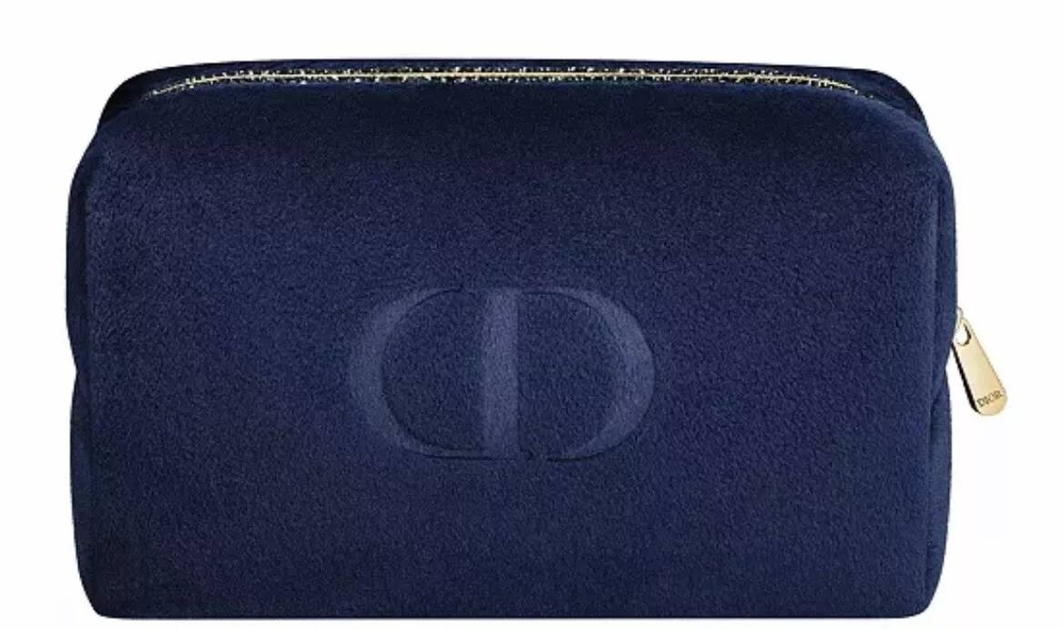 DIOR Velvet Makeup Pouch Bag NAVY with Gold Trim around Zipper NEW