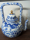 New ListingOversized Chinese Teapot Tea Pot Blue & White W/ Ceramic Handle Outstanding 13"