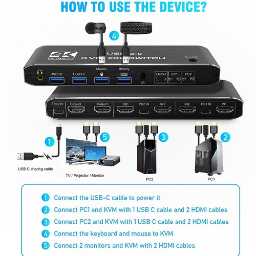 4K 60Hz 2 in 2 out Display HDMI KVM USB Switch Dual Monitor Hotkey Switching - Picture 9 of 15