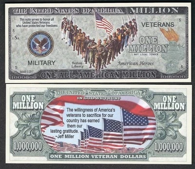 All American Veterans Million Dollar Bill Funny Money Novelty Note + FREE SLEEVE