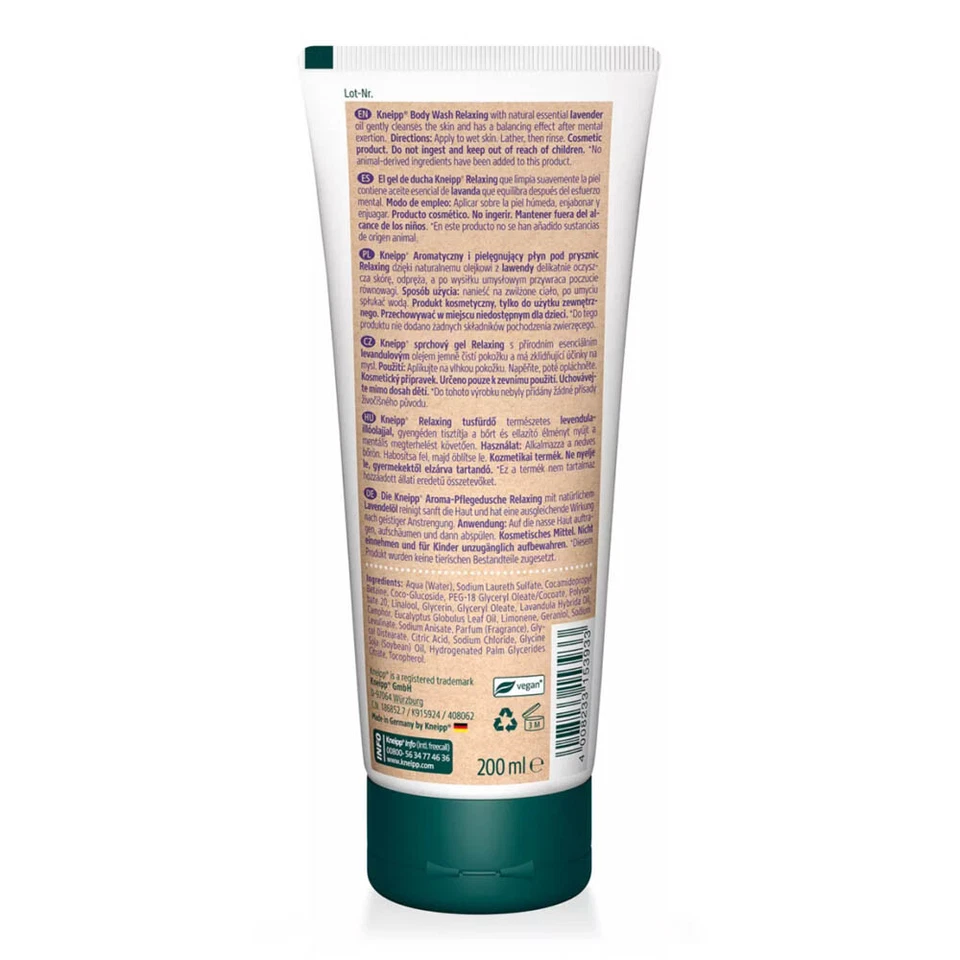 Jabón corporal relajante aroma lavanda Kneipp - Gel de ducha calmante vegano 200 ml x 8 Foto 3 de 3