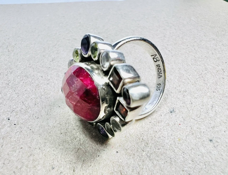 Estate Faceted Natural Ruby & Multi Gemstone Sterling Silver Ring Sz 7 Signed - Image 4 of 4