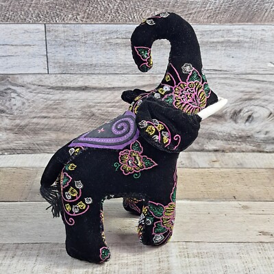 Black Velvet And Embroidered Elephant Stuffed Animal Ornate Purple Pink Yellow