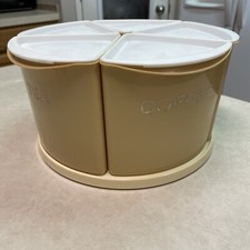 Vtg MCM 5-Bin Canister Set On Lazy Susan Plastic Harvest Gold Made in USA