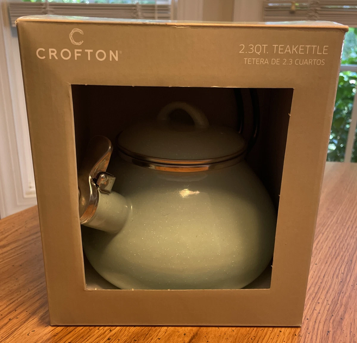 New Crofton Tea Kettle Light Blue Speckled 2.3 qt Porcelain Enameled Steel