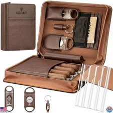 Luxury Brown Leather Cigar Humidor Case - Portable Gift Set with Cutters & More