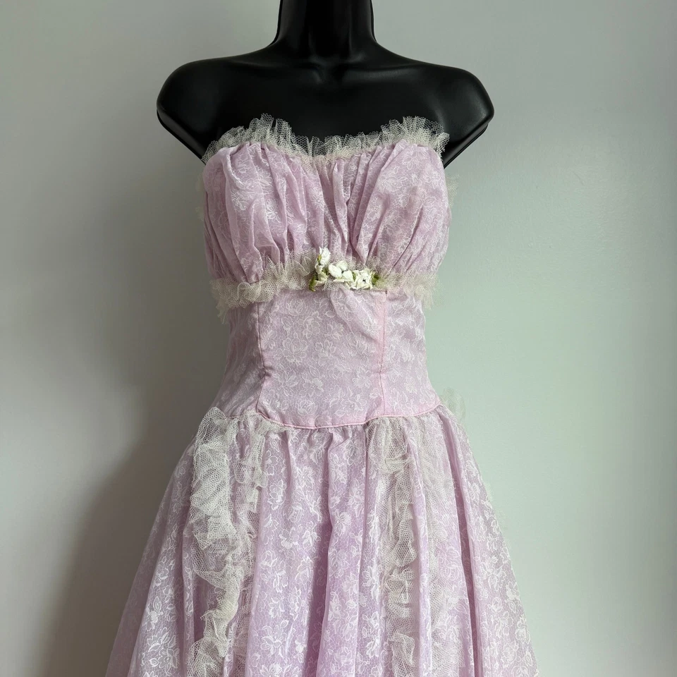 Vintage 60s Coquette Strapless Lavender Lace Floral Prom Party Dress Formal Gown - Image 2 of 4