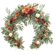 Lings 6ft Artificial Eucalyptus Garland with Flowers Fake Greenery Burnt Orange