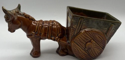 Royal Haeger Dundee IL Ceramic Plant Holder Mule Brown Burro Donkey Cart Vtg