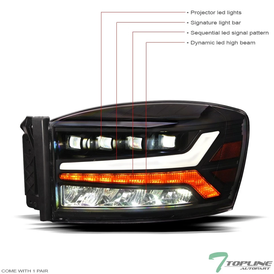 Topline For 2006-2009 Dodge Ram Full LED Sequential Projector Headlights - Black Foto 2 de 4