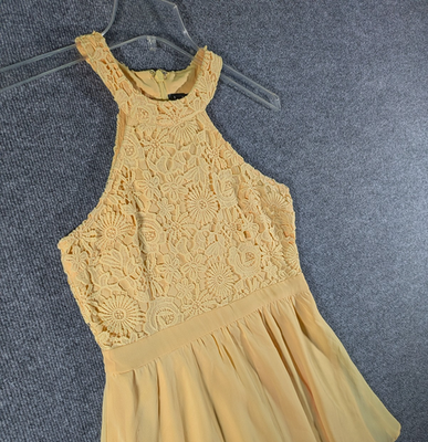 Lulu's Lace Skater Dress Medium Halter Yellow Floral Overlay Sleeveless  Pleated | eBay