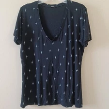 Monrow M Tee Short Sleeve Plunge V Neck Black Lightning Bolt Soft Stretch Casual