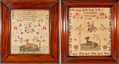 Feines Paar antike Handarbeit Muster Ann Smith 1841 gerahmt viktorianisch