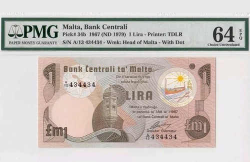 1967 (1979) Malta 1 Lira Pound PMG64 EPQ UNC <P-34b> #Radar Repeater# - Picture 1 of 2