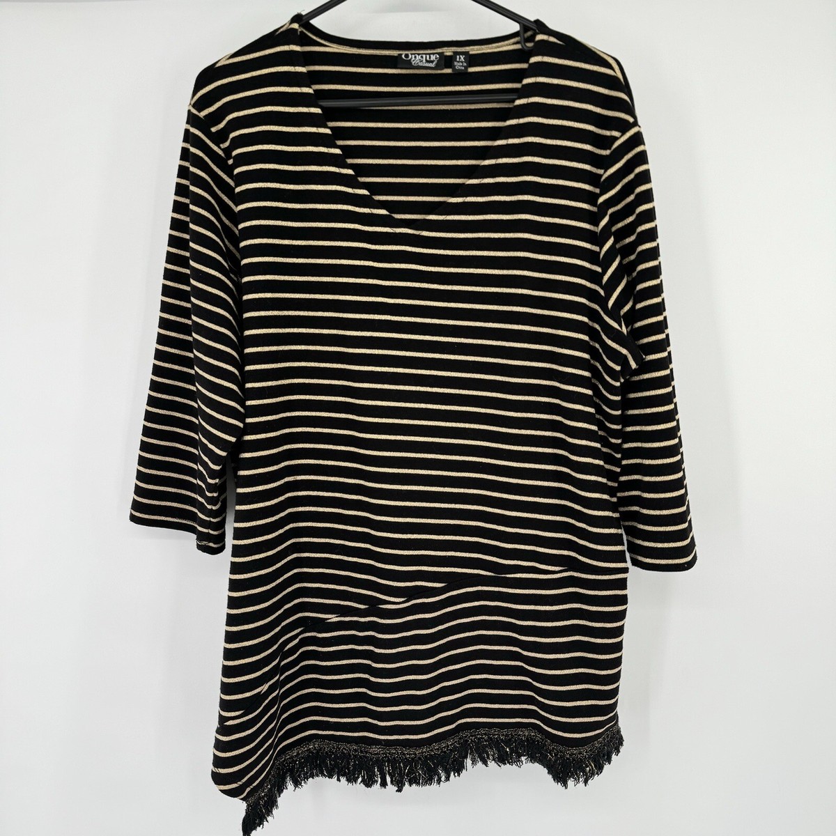 Onque Casual Women's Shirt Top Black Gold Striped Size 1x Plus 3/4