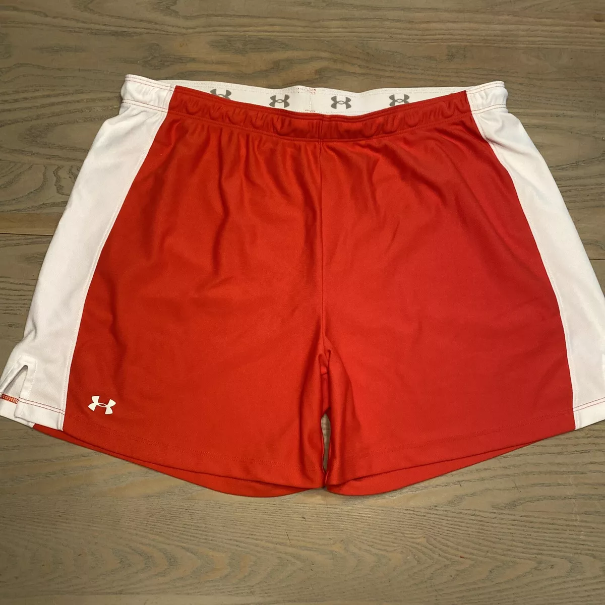 Under Armour Red w/ White Running Athletic Shorts Drawstring Women Size L  205381