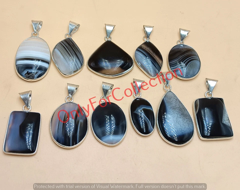 Lote de colgantes al por mayor enchapados en plata de ley 925 piedras preciosas de ágata con bandas negras Foto 3 de 3