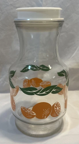 Vintage Anchor Hocking Orange Juice Oranges Green Leaves Carafe Pitcher