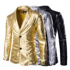 Mens Faux Leather Wet Look Metallic Shiny Suit Jacket Stage Two-button Coat Top