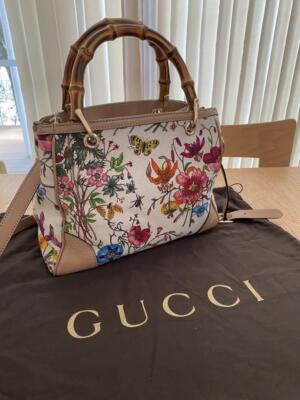 GUCCI Flora Shopper Shoulder Hand Bag Purse Bamboo Leather From