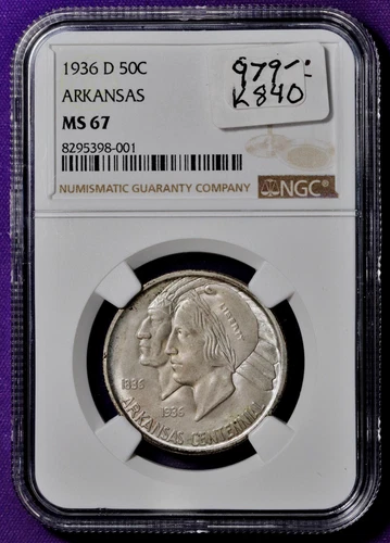 1936-d Arkansas Half Dollar.  Commemorative.  In NGC Holder.  MS67.  K840