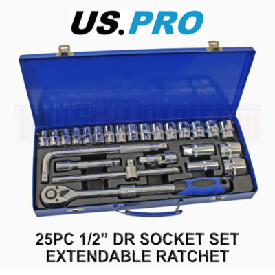 US PRO Tools 25 Stck. 1/2'' Dr Ausziehbar Ratsche Steckschlüsselsatz 10 - 32 mm Steckdosen 6pt