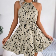 Women Sexy Leopard Dress Sleeveless Halter Neck Boho Belted Summer Party Fashion