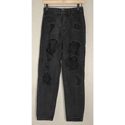 Missguided Women's Petite Rip distressed Ripped high wasted Black Jeans Sz  US:0