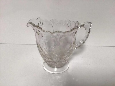 Vintage ETCHED CUT Floral Glass Creamerand Open Sugar Bowl Scalloped Rim Daisy