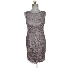 Adrianna Papell Gray Illusion Lace Overlay Boat Neck Sheath Dress Size 10