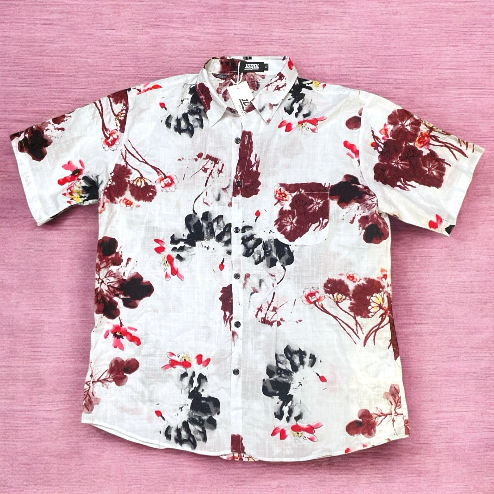 Jogal White Red Black Abstract Floral Hawaiian Luau Men's Short Sleeve Shirt XL