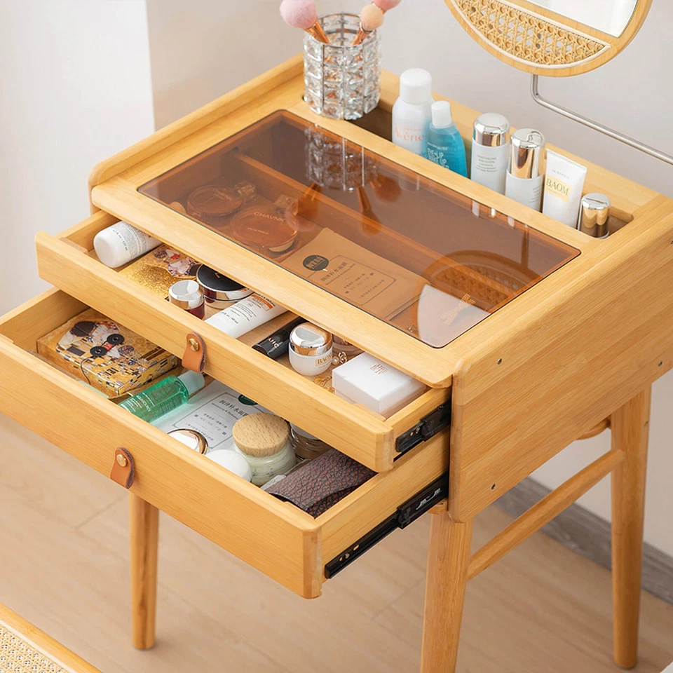 Bamboo Vanity Table Set Rattan Footstool Dressing Table Tempered Glass Tabletop - Image 2 of 4