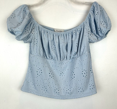 Eyelet Babydoll Top Womens Medium Crop Ruched Square Neck Peasant Boho Blue Read