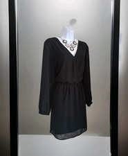 Express Mini Dress L Black Surplice Elastic Waist Long Sleeve Chiffon Overlay 