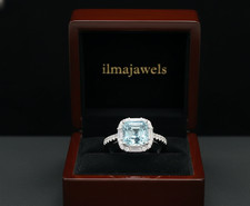 Women's Blue Aquamarine Ring Silver Emerald Cut Engagement Jewelry